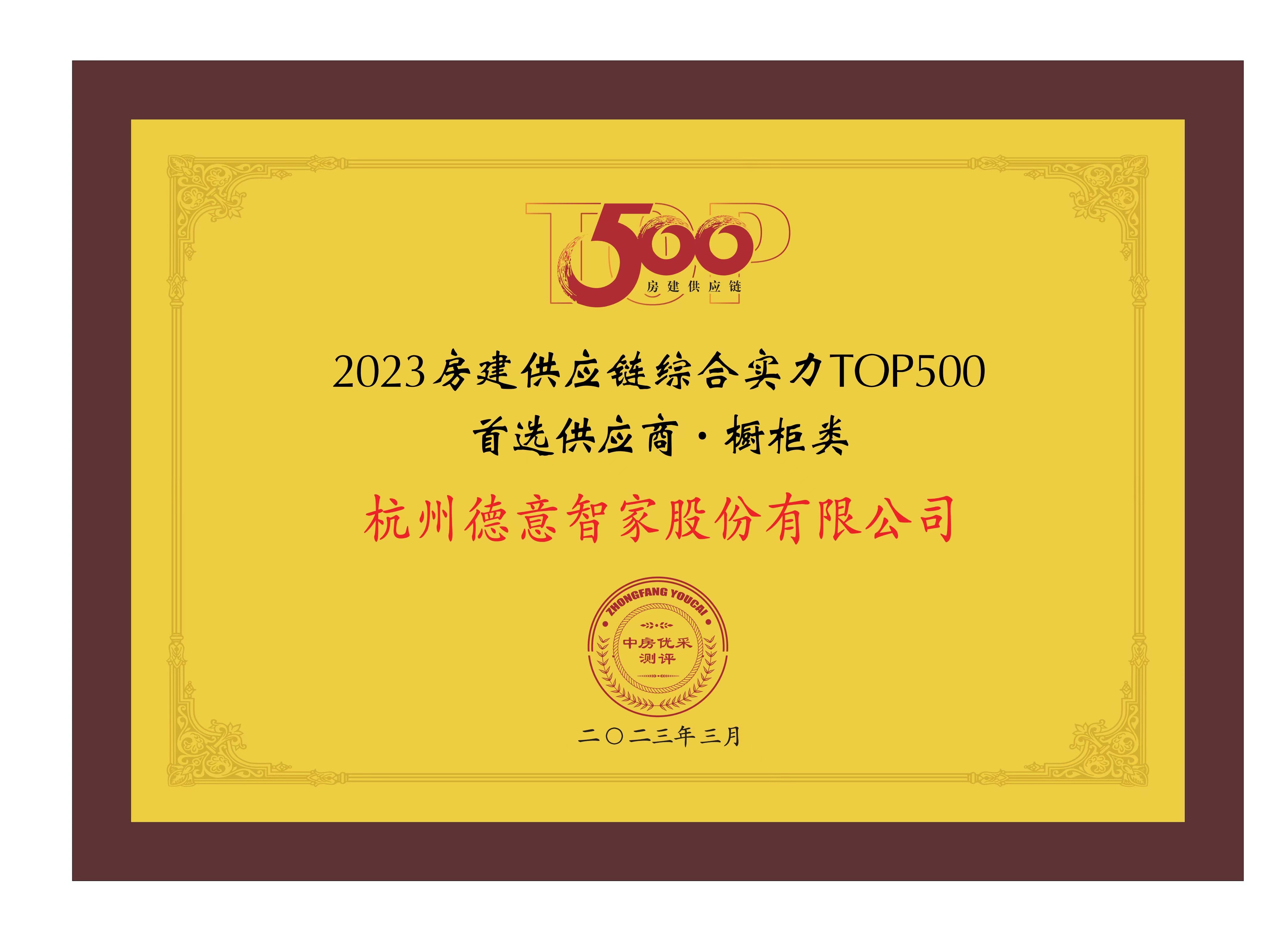2023房建(jian)供應鏈綜郃(he)實力(li)TOP500首選供應商(shang)·櫥櫃類